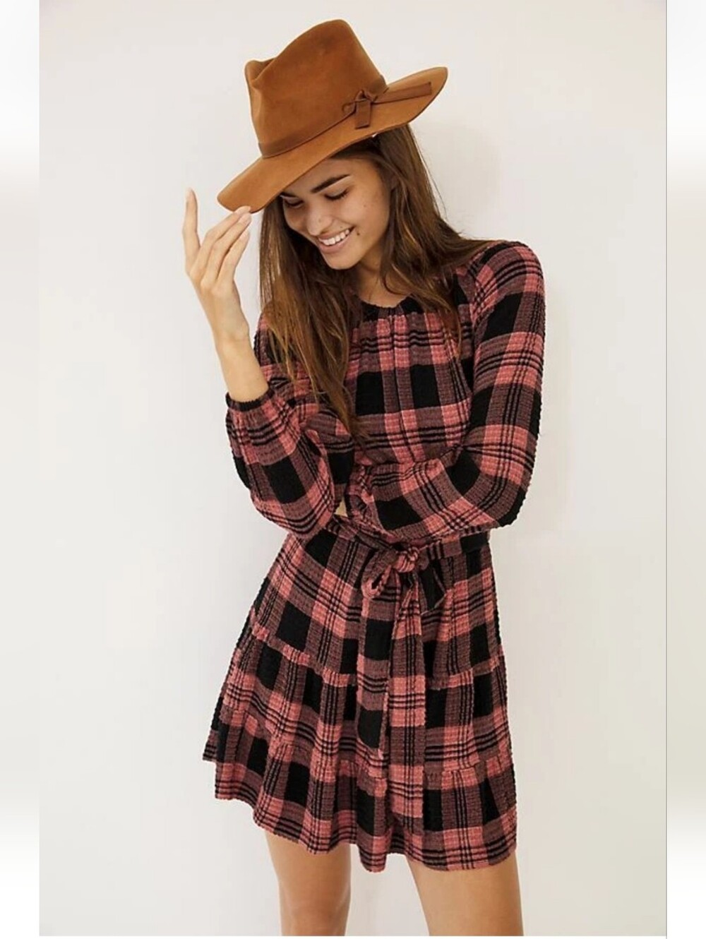 cloth & stone Pink and Black Plaid Long-Sleeve Dress